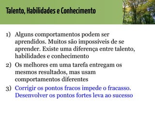 Talento,HabilidadeseConhecimento
1) Alguns comportamentos podem ser
aprendidos. Muitos são impossíveis de se
aprender. Existe uma diferença entre talento,
habilidades e conhecimento
2) Os melhores em uma tarefa entregam os
mesmos resultados, mas usam
comportamentos diferentes
3) Corrigir os pontos fracos impede o fracasso.
Desenvolver os pontos fortes leva ao sucesso
 