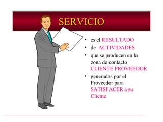 SERVICIO
    • es el RESULTADO
    • de ACTIVIDADES
    • que se producen en la
      zona de contacto
      CLIENTE PROVEEDOR
    • generadas por el
      Proveedor para
      SATISFACER a su
      Cliente
 