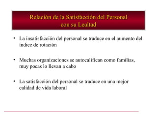 Relación de la Satisfacción del Personal
                   con su Lealtad

• La insatisfacción del personal se traduce en el aumento del
  índice de rotación

• Muchas organizaciones se autocalifican como familias,
  muy pocas lo llevan a cabo

• La satisfacción del personal se traduce en una mejor
  calidad de vida laboral
 