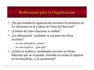 Reflexiones para la Organización

• ¿En qué medida la organización reconoce la existencia de
  las relaciones en la Cadena de Valor del Servicio?
• ¿Cuántas de estas relaciones se miden?
• ¿La información resultante se usa para movilizar
  acciones?
   – en caso afirmativo: ¿cómo?
   – en caso negativo :¿por qué?
• ¿Cómo se medirá y coordinarán acciones en forma
  diferente que en el pasado, teniendo en cuenta el impacto
  en los beneficios y el crecimiento?
 