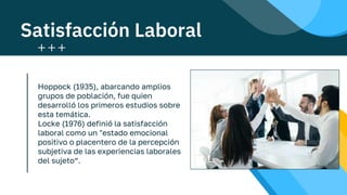 Satisfacción Laboral
Hoppock (1935), abarcando amplios
grupos de población, fue quien
desarrolló los primeros estudios sobre
esta temática.
Locke (1976) definió la satisfacción
laboral como un "estado emocional
positivo o placentero de la percepción
subjetiva de las experiencias laborales
del sujeto“.
 