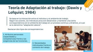 Teoría de Adaptación al trabajo: (Dawis y
Lofquist; 1984)
Se basa en la interacción entre el individuo y el ambiente de trabajo.
Según los autores, los individuos procuran desarrollar y mantener una cierta
correspondencia con el ambiente de trabajo en un proceso continuo y dinámico, al cual
se le denomina “adaptación laboral”.
1. Atributos personales
(capacidades y
competencias) frente a las
exigencias de las funciones.
Destacan dos tipos de correspondencias:
2. Necesidades
individuales frente al
contexto de trabajo.
 