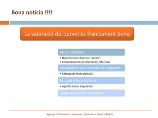 Bona notícia !!!!


     La valoració del servei és francament bona

                         Servei complex
                         • Hi intervenen diversos “actors”
                         • Comandaments (i interessos) diferents
                         Manipulació no supervisada d’aparells
                         • Càrrega de fonts portàtils

                         Situació clínica variable
                         • Aguditzacions (ingressos)

                         Llarga durada del tractament




              Agència d’Informació, Avaluació i Qualitat en Salut (AIAQS)
 