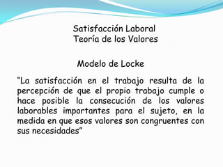 Satisfacción Laboral
             Teoría de los Valores

              Modelo de Locke
“La satisfacción en el trabajo resulta de la
percepción de que el propio trabajo cumple o
hace posible la consecución de los valores
laborables importantes para el sujeto, en la
medida en que esos valores son congruentes con
sus necesidades”
 