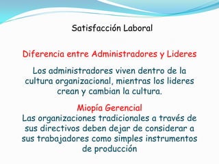 Satisfacción Laboral


Diferencia entre Administradores y Lideres
  Los administradores viven dentro de la
cultura organizacional, mientras los lideres
        crean y cambian la cultura.
              Miopía Gerencial
Las organizaciones tradicionales a través de
 sus directivos deben dejar de considerar a
sus trabajadores como simples instrumentos
                de producción
 