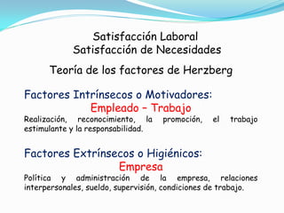 Satisfacción Laboral
            Satisfacción de Necesidades
      Teoría de los factores de Herzberg

Factores Intrínsecos o Motivadores:
            Empleado – Trabajo
Realización, reconocimiento, la     promoción,   el   trabajo
estimulante y la responsabilidad.


Factores Extrínsecos o Higiénicos:
                 Empresa
Política y administración de la empresa, relaciones
interpersonales, sueldo, supervisión, condiciones de trabajo.
 