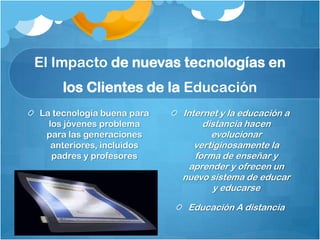 El Impacto de nuevas tecnologías en
     los Clientes de la Educación
La tecnología buena para   Internet y la educación a
  los jóvenes problema          distancia hacen
 para las generaciones            evolucionar
   anteriores, incluidos      vertiginosamente la
   padres y profesores        forma de enseñar y
                             aprender y ofrecen un
                           nuevo sistema de educar
                                   y educarse

                            Educación A distancia
 