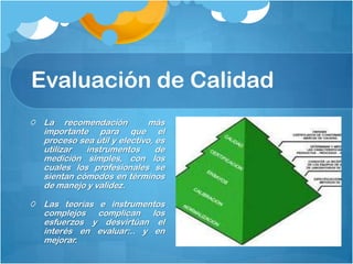 Evaluación de Calidad
 La recomendación           más
 importante para que el
 proceso sea útil y electivo, es
 utilizar  instrumentos       de
 medición simples, con los
 cuales los profesionales se
 sientan cómodos en términos
 de manejo y validez.

 Las teorías e instrumentos
 complejos complican los
 esfuerzos y desvirtúan el
 interés en evaluar:.. y en
 mejorar.
 