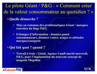 Le pilote Géant / P&G : « Comment créer
de la valeur consommateur au quotidien ? »
  Quelle démarche ?
         démarche
    • Mise en commun des problématiques Géant / marques
                           problématiques Géant
      entretien du linge P&G
    • Echanges d’information : données panel
               d’information données
      consommateurs, données ventes, usages et attitudes
                      données
      marques/catégorie
      marques/catégorie

  Qui fait quoi ? quand ?
    • Travail à trois : Géant, Agence Lundi mardi mercredi,
                        Géant,
      P&G, pour ll’implantation du nouveau concept de
                   ’implantation
      magasin Magellan

                                                           ECR                 France
                                                           Efficient Consumer Response
 