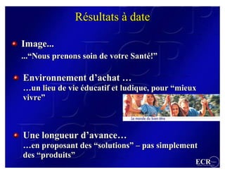 Résultats à date

Image...
...“Nous prenons soin de votre Santé!”
...“Nous                       Santé!”

Environnement d’achat …
              d’achat
…un lieu de vie éducatif et ludique, pour “mieux
…un             éducatif                  “mieux
vivre”
vivre”



Une longueur d’avance…
             d’avance…
…en proposant des “solutions” – pas simplement
…en               “solutions”
des “produits”
    “produits”
                                               ECR                 France
                                               Efficient Consumer Response
 