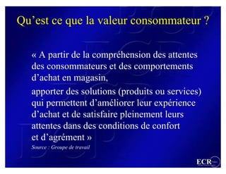 Qu’est ce que la valeur consommateur ?

  « A partir de la compréhension des attentes
  des consommateurs et des comportements
  d’achat en magasin,
  apporter des solutions (produits ou services)
  qui permettent d’améliorer leur expérience
  d’achat et de satisfaire pleinement leurs
  attentes dans des conditions de confort
  et d’agrément »
  Source : Groupe de travail
  Source : Groupe de travail

                                             ECR                 France
                                             Efficient Consumer Response
 