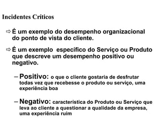 ðÉ um exemplo do desempenho organizacional
do ponto de vista do cliente.
ðÉ um exemplo específico do Serviço ou Produto
que descreve um desempenho positivo ou
negativo.
– Positivo: o que o cliente gostaria de desfrutar
todas vez que recebesse o produto ou serviço, uma
experiência boa
– Negativo: característica do Produto ou Serviço que
leva ao cliente a questionar a qualidade da empresa,
uma experiência ruim
Incidentes CrIncidentes Crííticosticos
 
