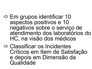 ð Em grupos identificar 10
aspectos positivos e 10
negativos sobre o serviço de
atendimento dos laboratórios do
HC, na visão dos médicos
ð Classificar os Incidentes
Críticos em Item de Satisfação
e depois em Dimensão da
Qualidade
 