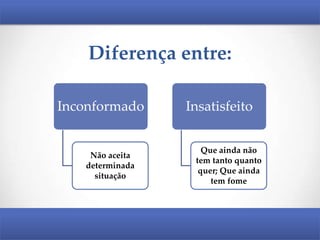 Diferença entre:
Inconformado

Não aceita
determinada
situação

Insatisfeito
Que ainda não
tem tanto quanto
quer; Que ainda
tem fome

 