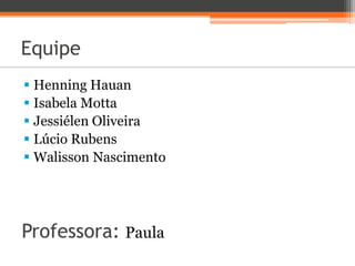 Equipe
 Henning Hauan
 Isabela Motta
 Jessiélen Oliveira
 Lúcio Rubens
 Walisson Nascimento
Professora: Paula
 