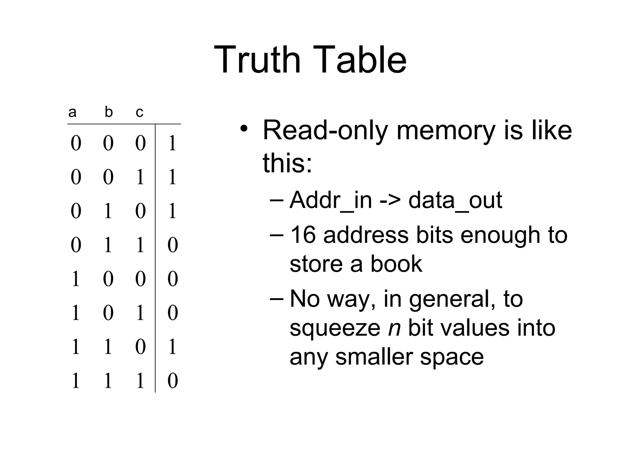 Truth Table Read-only memory is like this:  Addr_in -> data_out 16 address bits enough to store a book No way, in general, to squeeze  n  bit values into any smaller space a b c 