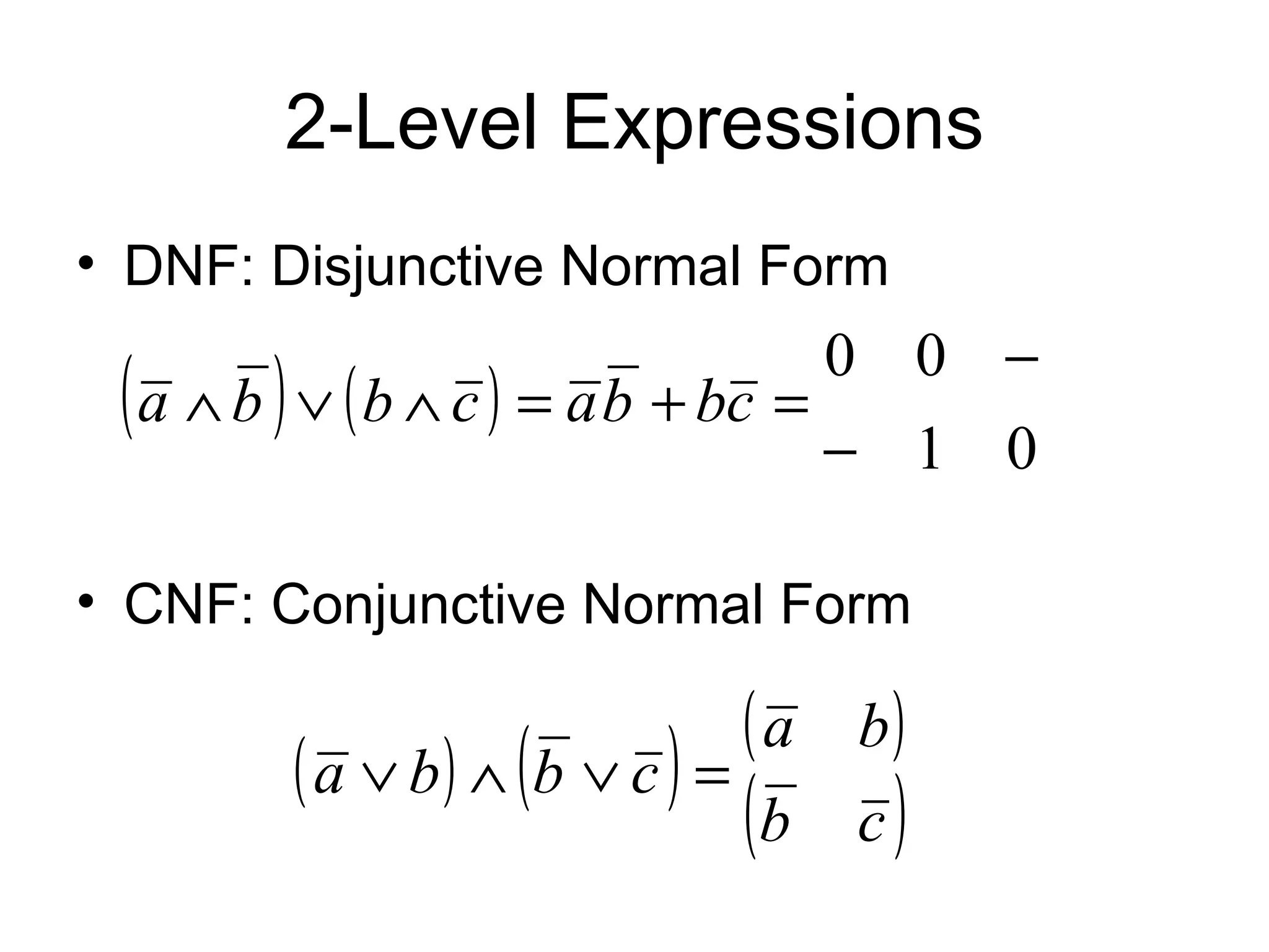 2-Level Expressions DNF: Disjunctive Normal Form CNF: Conjunctive Normal Form 