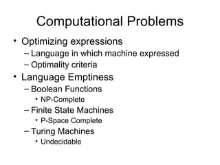 Computational Problems Optimizing expressions Language in which machine expressed Optimality criteria Language Emptiness Boolean Functions NP-Complete Finite State Machines P-Space Complete Turing Machines Undecidable 