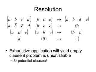 Resolution Exhaustive application will yield empty clause if problem is unsatisfiable 3 n  potential clauses! 