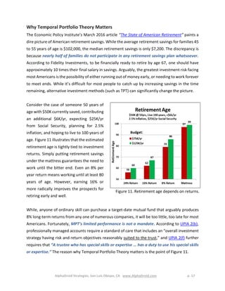 AlphaDroid Strategies, San Luis Obispo, CA www.AlphaDroid.com p. 17
Why Temporal Portfolio Theory Matters
The Economic Policy Institute’s March 2016 article “The State of American Retirement” paints a
dire picture of American retirement savings. While the average retirement savings for families 45
to 55 years of age is $102,000, the median retirement savings is only $7,200. The discrepancy is
because nearly half of families do not participate in any retirement savings plan whatsoever.
According to Fidelity Investments, to be financially ready to retire by age 67, one should have
approximately 10 times their final salary in savings. Arguably, the greatest investment risk facing
most Americans is the possibility of either running out of money early, or needing to work forever
to meet ends. While it’s difficult for most people to catch up by increasing savings in the time
remaining, alternative investment methods (such as TPT) can significantly change the picture.
Consider the case of someone 50 years of
age with $50K currently saved, contributing
an additional $6K/yr, expecting $25K/yr
from Social Security, planning for 2.5%
inflation, and hoping to live to 100 years of
age. Figure 11 illustrates that the estimated
retirement age is tightly tied to investment
returns. Simply putting retirement savings
under the mattress guarantees the need to
work until the bitter end. Even an 8% per
year return means working until at least 80
years of age. However, earning 16% or
more radically improves the prospects for
retiring early and well.
While, anyone of ordinary skill can purchase a target-date mutual fund that arguably produces
8% long-term returns from any one of numerous companies, it will be too little, too late for most
Americans. Fortunately, MPT’s limited performance is not a mandate. According to UPIA 2(b),
professionally managed accounts require a standard of care that includes an “overall investment
strategy having risk and return objectives reasonably suited to the trust,” and UPIA 2(f) further
requires that “A trustee who has special skills or expertise … has a duty to use his special skills
or expertise.” The reason why Temporal Portfolio Theory matters is the point of Figure 11.
Figure 11. Retirement age depends on returns.
 