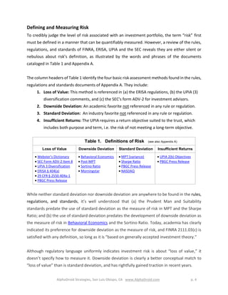 AlphaDroid Strategies, San Luis Obispo, CA www.AlphaDroid.com p. 4
Defining and Measuring Risk
To credibly judge the level of risk associated with an investment portfolio, the term “risk” first
must be defined in a manner that can be quantifiably measured. However, a review of the rules,
regulations, and standards of FINRA, ERISA, UPIA and the SEC reveals they are either silent or
nebulous about risk’s definition, as illustrated by the words and phrases of the documents
cataloged in Table 1 and Appendix A.
The column headers of Table 1 identify the four basic risk assessment methods found in the rules,
regulations and standards documents of Appendix A. They include:
1. Loss of Value: This method is referenced in (a) the ERISA regulations, (b) the UPIA (3)
diversification comments, and (c) the SEC’s form ADV-2 for investment advisors.
2. Downside Deviation: An academic favorite not referenced in any rule or regulation.
3. Standard Deviation: An industry favorite not referenced in any rule or regulation.
4. Insufficient Returns: The UPIA requires a return objective suited to the trust, which
includes both purpose and term, i.e. the risk of not meeting a long-term objective.
While neither standard deviation nor downside deviation are anywhere to be found in the rules,
regulations, and standards, it’s well understood that (a) the Prudent Man and Suitability
standards predate the use of standard deviation as the measure of risk in MPT and the Sharpe
Ratio; and (b) the use of standard deviation predates the development of downside deviation as
the measure of risk in Behavioral Economics and the Sortino Ratio. Today, academia has clearly
indicated its preference for downside deviation as the measure of risk, and FINRA 2111.03(c) is
satisfied with any definition, so long as it is “based on generally accepted investment theory.”
Although regulatory language uniformly indicates investment risk is about “loss of value,” it
doesn’t specify how to measure it. Downside deviation is clearly a better conceptual match to
“loss of value” than is standard deviation, and has rightfully gained traction in recent years.
Table 1. Definitions of Risk (see also Appendix A)
Loss of Value Downside Deviation Standard Deviation Insufficient Returns
 Webster’s Dictionary
 SEC Form ADV-2 Item 8
 UPIA 3 Diversification
 ERISA § 404(a)
 29 CFR § 2550.404a-1
 PBGC Press Release
 Behavioral Economics
 Post-MPT
 Sortino Ratio
 Morningstar
 MPT (variance)
 Sharpe Ratio
 PBGC Press Release
 NASDAQ
 UPIA 2(b) Objectives
 PBGC Press Release
 