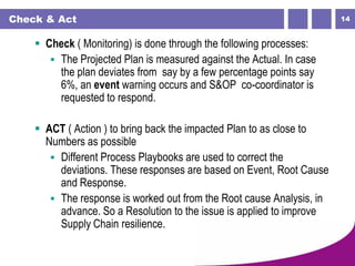 14Check & Act
 Check ( Monitoring) is done through the following processes:
 The Projected Plan is measured against the Actual. In case
the plan deviates from say by a few percentage points say
6%, an event warning occurs and S&OP co-coordinator is
requested to respond.
 ACT ( Action ) to bring back the impacted Plan to as close to
Numbers as possible
 Different Process Playbooks are used to correct the
deviations. These responses are based on Event, Root Cause
and Response.
 The response is worked out from the Root cause Analysis, in
advance. So a Resolution to the issue is applied to improve
Supply Chain resilience.
 