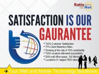 100% Customer Satisfaction
               77% Client Retention Ratio
               Growing at the rate of 15% consistently
               1000+ projects delivered successfully
               5000 sqft office space, 100 Workstations
               Located in 5th largest ITES cities in INDIA



Your Web and Mobile Technology Backbone
 