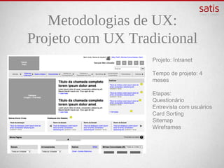 Metodologias de UX:
Projeto com UX Tradicional
                   Projeto: Intranet

                   Tempo de projeto: 4 meses

                   Etapas:
                   Questionário
                   Entrevista com usuários
                   Card Sorting
                   Sitemap
                   Wireframes
 