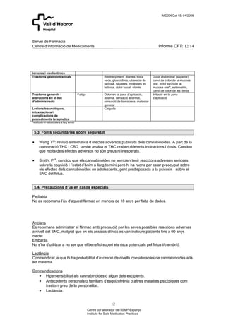 IMD006Cat 15/ 04/2008




Servei de Farmàcia
Centre d’Informació de Medicaments                                                                          Informe CFT: 12/14




toràcics i mediastínics
Trastorns gastrointestinals                                          Restrenyiment, diarrea, boca       Dolor abdominal (superior),
                                                                     seca, glossodínia, ulceració de    canvi de color de la mucosa
                                                                     la boca, nàusees, molèsties en     oral, exfol·liació de la
                                                                     la boca, dolor bucal, vòmits       mucosa oral*, estomatitis,
                                                                                                        canvi de color de les dents
Trastorns generals i                            Fatiga               Dolor en la zona d’aplicació,      Irritació en la zona
alteracions en el lloc                                               astènia, sensació anormal,         d’aplicació
d’administració                                                      sensació de borratxera, malestar
                                                                     general
Lesions traumàtiques,                                                Caiguda
intoxicacions i
complicacions de
procediments terapèutics
*Notificada en estudis oberts a llarg termini



 5.3. Fonts secundàries sobre seguretat

•      Wang T23: revisió sistemàtica d’efectes adversos publicats dels cannabinoides. A part de la
       combinació THC i CBD, també avalua el THC oral en diferents indicacions i dosis. Conclou
       que molts dels efectes adversos no són greus ni inesperats.

•      Smith, P19: conclou que els cannabinoides no semblen tenir reaccions adverses serioses
       sobre la cognició i l’estat d’ànim a llarg termini però hi ha raons per estar preocupat sobre
       els efectes dels cannabinoides en adolescents, gent predisposada a la psicosis i sobre el
       SNC del fetus.


 5.4. Precaucions d’ús en casos especials

Pediatria
No es recomana l’ús d’aquest fàrmac en menors de 18 anys per falta de dades.




Ancians
Es recomana administrar el fàrmac amb precaució per les seves possibles reaccions adverses
a nivell del SNC, malgrat que en els assajos clínics es van incloure pacients fins a 90 anys
d’edat.
Embaràs
No s’ha d’utilitzar a no ser que el benefici superi els riscs potencials pel fetus i/o embrió.

Lactància
Contraindicat ja que hi ha probabilitat d’excreció de nivells considerables de cannabinoides a la
llet materna.

Contraindicacions
   • Hipersensibilitat als cannabinoides o algun dels excipients.
   • Antecedents personals o familiars d’esquizofrènia o altres malalties psicòtiques com
        trastorn greu de la personalitat.
   • Lactància.


                                                                          12
                                                         Centre col·laborador de l’ISMP-Espanya
                                                         Institute for Safe Medication Practices
 