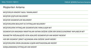 PMS ANALİZPMS AnalizPMS Analiz Sunumu Murat ŞAYLAN – Faruk ŞENERSatış Yönetimi Eğitimi
Müşterileri Anlama
MÜŞTERİLER KİMDİR? NASIL TANIMLANIR?
MÜŞTERİ ÇEŞİTLERİ NELERDİR?
MÜŞTERİ SEGMENTLERİ NELERDİR?
MÜŞTERİLERİN BEKLENTİ VE İHTİYAÇLARI NELERDİR?
MÜŞTERİLERİN İHTİYAÇLARI SEGMENTLERE FARKLILAŞIR MI?
SEGMENTLER ARASINDA YARATTIKLARI KATMA DEĞERE GÖRE BİR DERECELENDİRME YAPILABİLİR Mİ?
REKABETİN YOĞUNLAŞTIĞI VEYA AZALDIĞI SEGMENTLER VAR MIDIR? NEDEN?
HER BİR SEGMENT ŞİRKET AÇISINDAN AYNI DEĞERE SAHİP MİDİR?
MÜŞTERİLERİN ÜRÜN GRUBUNA İLİŞKİN MOTİVASYONLARI NEDİR?
KARŞILANMAMIŞ İHTİYAÇLAR VAR MIDIR?
 