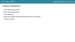 PMS ANALİZPMS AnalizPMS Analiz Sunumu Murat ŞAYLAN – Faruk ŞENERSatış Yönetimi Eğitimi
Anlama Yöntemleri
• Pazar/Tüketici Araştırmaları
• Saha ziyaretleri,gözlemleri
• Havayı Koklamak
• Rakip ürün,ambalaj,etiket,broşür,katalog,web sitesi incelemeleri
• Literatür araştırma
 