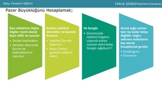 PMS ANALİZPMS AnalizPMS Analiz Sunumu Murat ŞAYLAN – Faruk ŞENERSatış Yönetimi Eğitimi
Pazar Büyüklüğünü Hesaplamak;
Bazı sektörlere ilişkin
bilgiler resmi olarak
kayıt edilir ve sunulur
• Devlet İstatistikleri
• Devletin ekonomik
kurum ve
bakanlıklarının
raporları
Bazıları sektörel
dernekler ve basında
bulunur.
• Sektörel Dernek
Raporları
• Basın (Dünya
gazetesi sektörel
ekler)
Ve Google
• Günümüzde
sektörel bilgilere
ulaşmak eskiye
nazaran daha kolay:
Google sağolsun!!!
Ancak çoğu zaman
işler bu kadar kolay
değildir. Doğru
referans noktalarını
baz alarak
hesaplamak gerekir.
• Tümdengelim
• Tümevarım
 