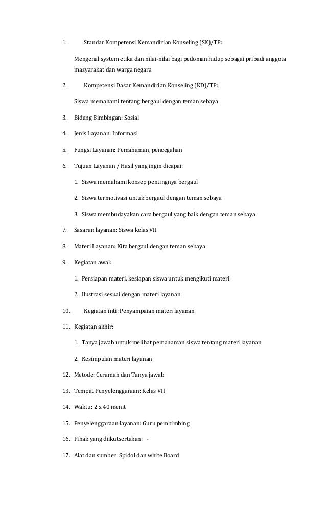 Satuan Layanan Bk Kelas Vii Smp