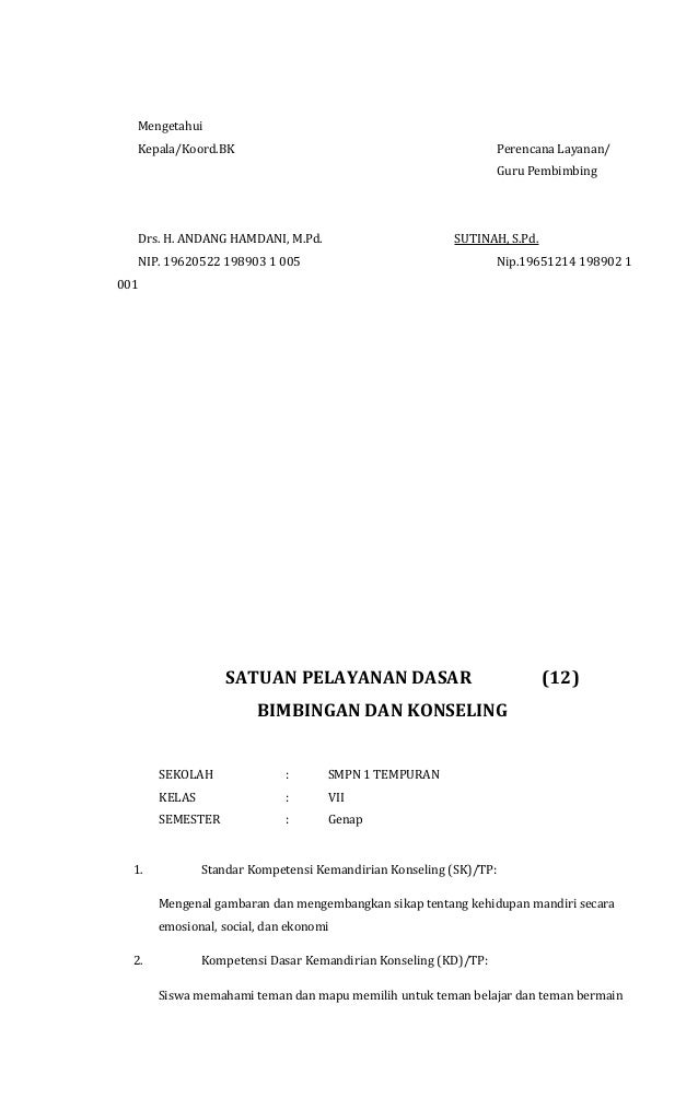 Satuan Layanan Bk Kelas Vii Smp