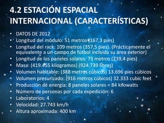 4.2 ESTACIÓN ESPACIAL
INTERNACIONAL (CARACTERÍSTICAS)
• DATOS DE 2012
• Longitud del módulo: 51 metros (167,3 pies)
• Longitud del rack: 109 metros (357,5 pies). (Prácticamente el
equivalente a un campo de fútbol incluida su área exterior)
• Longitud de los paneles solares: 73 metros (239,4 pies)
• Masa: (419.455 kilogramos) (924.739 libras)
• Volumen habitable: (388 metros cúbicos) 13.696 pies cúbicos
• Volumen presurizado: (916 metros cúbicos) 32.333 cubic feet
• Producción de energía: 8 paneles solares = 84 kilowatts
• Número de personas por cada expedición: 6
• Laboratorios: 4
• Velocidad: 27.743 km/h
• Altura aproximada: 400 km

 