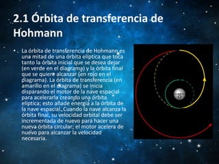 2.1 Órbita de transferencia de
Hohmann
• La órbita de transferencia de Hohmann es
una mitad de una órbita elíptica que toca
tanto la órbita inicial que se desea dejar
(en verde en el diagrama) y la órbita final
que se quiere alcanzar (en rojo en el
diagrama). La órbita de transferencia (en
amarillo en el diagrama) se inicia
disparando el motor de la nave espacial
para acelerarla creando una órbita
elíptica; esto añade energía a la órbita de
la nave espacial. Cuando la nave alcanza la
órbita final, su velocidad orbital debe ser
incrementada de nuevo para hacer una
nueva órbita circular; el motor acelera de
nuevo para alcanzar la velocidad
necesaria.

 
