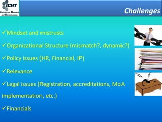 Challenges
Mindset and mistrusts
Organizational Structure (mismatch?, dynamic?)
Policy issues (HR, Financial, IP)
Relevance
Legal issues (Registration, accreditations, MoA
implementation, etc.)
Financials
 