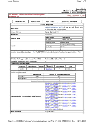 Asset Register                                                                                                               Page 1 of 2



                                                                                                                     Govt. of India
                                                                                                   Ministry of Rural Development
                                                                                                Department of Rural Development
The Mahatma Gandhi National Rural Employment
                                                                                                            Friday, December 21, 2012
Guarantee Act


           State : म य     दे श        District : सतना                 Block : Satna                Panchayat : AHIRGAON

                                                          Asset    Register 

    Work Name
                                                                   (1712002030/RC/007) जी, एस, बी, माग िनमाण गौरा
                                                                   से अ हरगांव भाग 2 करह कोठार  
    Nature of Work                                                 Rural Connectivity
    WorkStatus                                                     Completed

                                                                       Start Status                  End Status
    Scope of Work
                                                                       No Road                       Metal First coat

                                                                       Start Location           End Location
                                                                                                GAURA (KARAHI KOTH.)
    Location
                                                                       Khata No.                Plot No.
                                                                       /                        /

    Sanction No. and Sanction Date     : 4 ,  10/12/2006           Whether Included in Five Year Perspective Plan            : Yes

                                                                    
    Whether Work Approved in Annual Plan          : Yes            Estimated Cost (In Lakhs)         :5
    Estimated Completion Time (in Months)                          0 
    Expenditure Incurred (in Rs.)

                     Unskilled     Semi-Skilled         Skilled        Material         Contingency            Total

                     138348             0                 0            350675.99            0              489023.99      
    Employment Generated

                                             Pesrondays                    Total No. of Persons Given Work

                 Unskilled                       2178                                     363
                 Semi-Skilled                     0                                        0
                                                  0                                        0

                                                                   200204(3024),200205(3024),200206(3024),200207
                                                                   (4032),200208(3024),
                                                                   200209(3024),200210(3024),200211(3024),200212
                                                                   (3150),235413(2646),
                                                                   235414(3024),235415(3024),235416(3024),235417
                                                                   (2268),235418(3024),
                                                                   235419(2646),235420(2646),235421(2646),235422
                                                                   (2646),235423(3024),
                                                                   235424(3024),235425(3024),235426(2646),235427
    Distinct Number of Muster Rolls used(Amount)                   (3024),235428(3024),
                                                                   235429(3024),235430(3024),235431(2646),235432
                                                                   (3024),235433(3024),
                                                                   235434(3024),235435(3024),235436(1890),235437
                                                                   (3024),235438(3024),
                                                                   235439(2646),235440(3024),235441(3024),235442
                                                                   (3024),235443(3024),
                                                                   235444(3024),235445(3024),235446(3024),235447
                                                                   (3024),235448(3024),
                                                                   235449(3024),235450(3024),          
    Work start date                                                01/04/2007 




http://164.100.112.66/netnrega/writereaddata/citizen_out/WA_1712002_1712002030_R...                                          12/21/2012
 