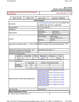 Asset Register                                                                                                                    Page 1 of 2



                                                                                                                     Govt. of India
                                                                                                   Ministry of Rural Development
                                                                                                Department of Rural Development
The Mahatma Gandhi National Rural Employment
                                                                                                                Friday, December 21, 2012
Guarantee Act


           State : म य     दे श       District : सतना                   Block : Satna               Panchayat : AHIRGAON

                                                         Asset      Register 
                                                                    (1712002030/RC/006) जी, एस, बी, रोड िनमाण गौरा
    Work Name
                                                                    से अ हरगावं पहच माग भाग 1 करह कोठार  
                                                                                  ु
    Nature of Work                                                  Rural Connectivity
    WorkStatus                                                      Completed

                                                                        Start Status                      End Status
    Scope of Work
                                                                        No Road                           Metal First coat

                                                                        Start Location          End Location
                                                                                                GAURA (KARAHI KOTH.)
    Location
                                                                        Khata No.               Plot No.
                                                                        /                       /

    Sanction No. and Sanction Date    : 4 ,  30/11/2006             Whether Included in Five Year Perspective Plan                : Yes

                                                                     
    Whether Work Approved in Annual Plan          : Yes             Estimated Cost (In Lakhs)         :5
    Estimated Completion Time (in Months)                           1 
    Expenditure Incurred (in Rs.)

                     Unskilled     Semi-Skilled         Skilled             Material      Contingency                 Total

                      94563             0                  0                 235414                 0             329977       
    Employment Generated

                                            Pesrondays                       Total No. of Persons Given Work
                 Unskilled                       1501                                     251
                 Semi-Skilled                     0                                        0
                                                  0                                        0

                                                                    235566(2646),235567(3024),235568(3024),235569
                                                                    (3024),235570(2268),
                                                                    235571(3024),235572(2646),235573(3024),235574
                                                                    (2268),235575(2646),
                                                                    235576(3024),235577(3024),235578(3024),235579
                                                                    (2646),235580(3024),
                                                                    235581(3024),235582(3024),235583(3024),235584
    Distinct Number of Muster Rolls used(Amount)                    (3024),235585(2268),
                                                                    235586(2646),235587(2646),235588(3024),235589
                                                                    (2268),235590(2268),
                                                                    235591(2268),235592(1512),235593(2646),235594
                                                                    (2268),235595(1890),
                                                                    235596(3024),235597(3024),235598(3780),235599
                                                                    (1890),235600(2709),
                                                                     
    Work start date                                                 22/03/2007 
    Photo Uploaded of Work
       Before Start of Work(Work




http://164.100.112.66/netnrega/writereaddata/citizen_out/WA_1712002_1712002030_R...                                               12/21/2012
 
