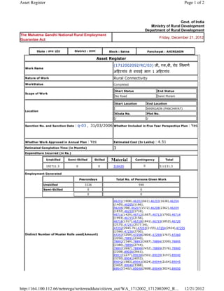 Asset Register                                                                                                             Page 1 of 2



                                                                                                                        Govt. of India
                                                                                                      Ministry of Rural Development
                                                                                                   Department of Rural Development
The Mahatma Gandhi National Rural Employment
                                                                                                           Friday, December 21, 2012
Guarantee Act


           State : म य     दे श          District : सतना              Block : Satna                 Panchayat : AHIRGAON

                                                            Asset     Register 
                                                                        (1712002092/RC/03) जी, एस,बी, रोड िनमाण
    Work Name
                                                                        अ हरगांव से बचवई भाग 1 अ हरगांव 
    Nature of Work                                                      Rural Connectivity
    WorkStatus                                                          Completed

                                                                            Start Status                  End Status
    Scope of Work
                                                                            No Road                       Sand Moram

                                                                            Start Location          End Location
                                                                                                    AHIRGAON (PANCHAYAT)
    Location
                                                                            Khata No.               Plot No.
                                                                            /                       /

    Sanction No. and Sanction Date       : q-03 ,  31/03/2006           Whether Included in Five Year Perspective Plan       : Yes

                                                                         
    Whether Work Approved in Annual Plan            : Yes               Estimated Cost (In Lakhs)        : 4.51
    Estimated Completion Time (in Months)                               3 
    Expenditure Incurred (in Rs.)

                     Unskilled       Semi-Skilled         Skilled      Material            Contingency            Total

                     192711.3             0                  0          318420                    0                     
                                                                                                               511131.3

    Employment Generated

                                               Pesrondays                       Total No. of Persons Given Work
                 Unskilled                         3326                                      590
                 Semi-Skilled                       0                                         0
                                                    0                                         0

                                                                        46201(1908),46202(661),46203(1638),46204
                                                                        (1405),46205(1186),
                                                                        46206(398),46207(1572),46208(2362),46209
                                                                        (1832),46210(1716),
                                                                        46711(1429),46712(1667),46713(1700),46714
                                                                        (1993),46715(2156),
                                                                        46716(1317),46718(1841),46719(1852),46720
                                                                        (2575),47251(2577.54),
                                                                        47252(2945.76),47253(2155),47254(2924),47255
                                                                        (2566),47256(2700),
    Distinct Number of Muster Rolls used(Amount)                        47257(3259),47258(2804),47259(1767),47260
                                                                        (2056),78891(2340),
                                                                        78892(2349),78893(2687),78894(2209),78895
                                                                        (2380),78896(2744),
                                                                        78897(2692),78898(2452),78899(2576),78900
                                                                        (2208),89036(2661),
                                                                        89037(2277),89038(2501),89039(3197),89040
                                                                        (3250),89041(4052),
                                                                        89042(1983),89043(3024),89044(2164),89045
                                                                        (3402),89046(3388),
                                                                        89047(3402),89048(2808),89049(3024),89050




http://164.100.112.66/netnrega/writereaddata/citizen_out/WA_1712002_1712002092_R...                                        12/21/2012
 