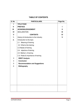 TABLE OF CONTENTS
SATNAM SINGH Page 5
S. No PARTICULARS Page No.
I
II
III
IV
V
1.
2.
3
4
5
6
TITLE PAGE
PREFACE
ACKNOWLEDGGEMENT
DECLARATION
CONTENTS
History & Introduction to the Industry
Introduction to the topic
2.1 Meaning of training
2.2 What is the training
2.3 Needs of training
2.4 objective of training
2.5 Method of training
2..6 Roles & importance of training
SWOT Analysis
Conclusion
Recommendation and Suggestions
Bibliography
I
II
III
IV
V
 