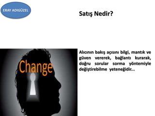 Alıcının bakış açısını bilgi, mantık ve
güven vererek, bağlantı kurarak,
doğru sorular sorma yöntemiyle
değiştirebilme yeteneğidir...
Satış Nedir?
ERAY ADIGÜZEL
 