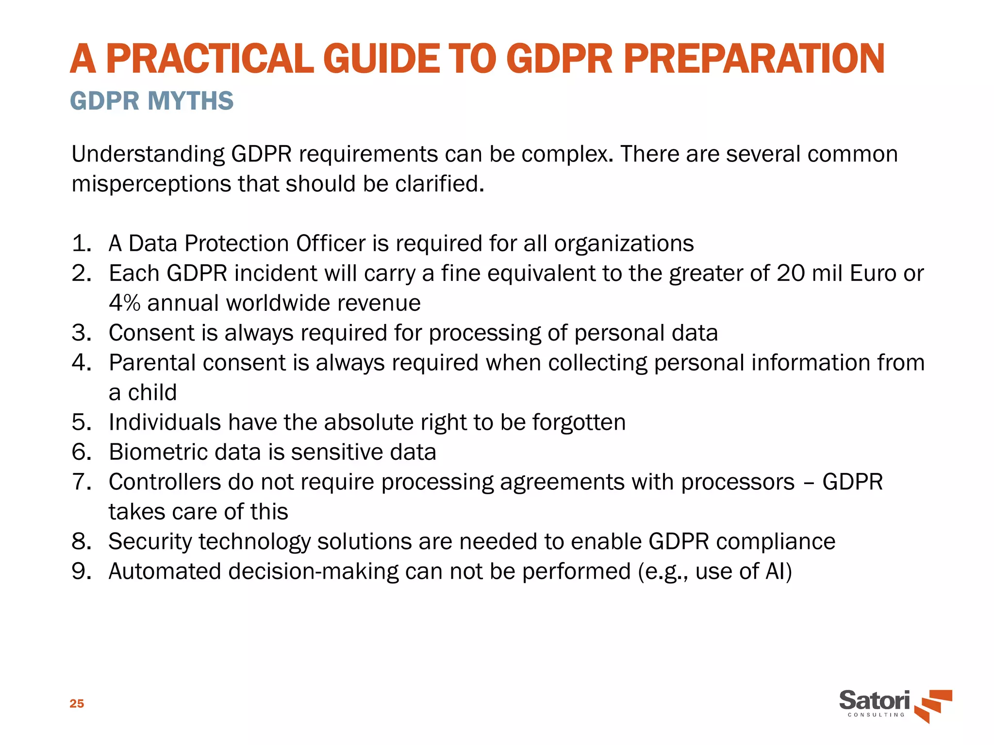 A PRACTICAL GUIDE TO GDPR PREPARATION
GDPR MYTHS
25
Understanding GDPR requirements can be complex. There are several common
misperceptions that should be clarified.
1. A Data Protection Officer is required for all organizations
2. Each GDPR incident will carry a fine equivalent to the greater of 20 mil Euro or
4% annual worldwide revenue
3. Consent is always required for processing of personal data
4. Parental consent is always required when collecting personal information from
a child
5. Individuals have the absolute right to be forgotten
6. Biometric data is sensitive data
7. Controllers do not require processing agreements with processors – GDPR
takes care of this
8. Security technology solutions are needed to enable GDPR compliance
9. Automated decision-making can not be performed (e.g., use of AI)
 