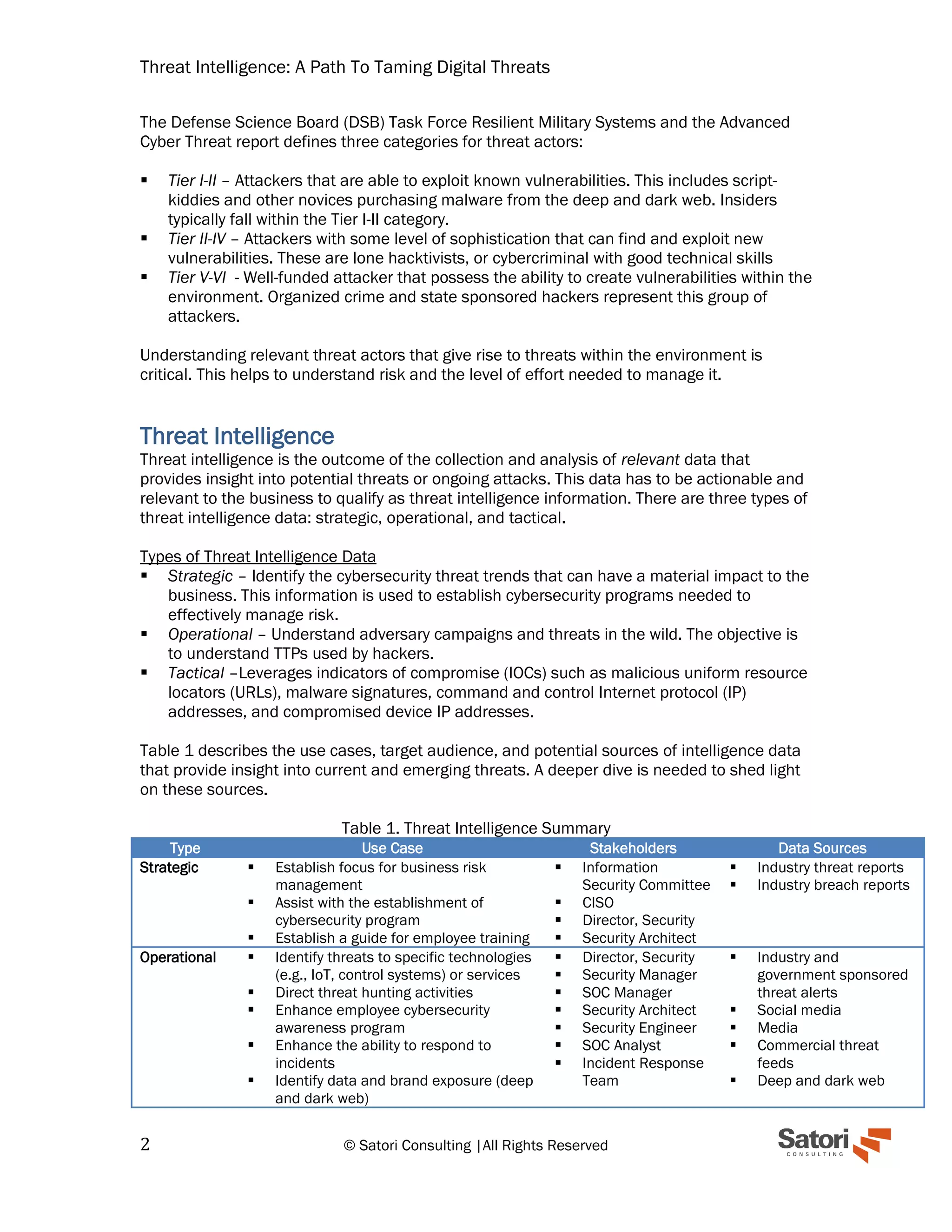 Threat Intelligence: A Path To Taming Digital Threats
2 © Satori Consulting |All Rights Reserved
The Defense Science Board (DSB) Task Force Resilient Military Systems and the Advanced
Cyber Threat report defines three categories for threat actors:
▪ Tier I-II – Attackers that are able to exploit known vulnerabilities. This includes script-
kiddies and other novices purchasing malware from the deep and dark web. Insiders
typically fall within the Tier I-II category.
▪ Tier II-IV – Attackers with some level of sophistication that can find and exploit new
vulnerabilities. These are lone hacktivists, or cybercriminal with good technical skills
▪ Tier V-VI - Well-funded attacker that possess the ability to create vulnerabilities within the
environment. Organized crime and state sponsored hackers represent this group of
attackers.
Understanding relevant threat actors that give rise to threats within the environment is
critical. This helps to understand risk and the level of effort needed to manage it.
Threat Intelligence
Threat intelligence is the outcome of the collection and analysis of relevant data that
provides insight into potential threats or ongoing attacks. This data has to be actionable and
relevant to the business to qualify as threat intelligence information. There are three types of
threat intelligence data: strategic, operational, and tactical.
Types of Threat Intelligence Data
▪ Strategic – Identify the cybersecurity threat trends that can have a material impact to the
business. This information is used to establish cybersecurity programs needed to
effectively manage risk.
▪ Operational – Understand adversary campaigns and threats in the wild. The objective is
to understand TTPs used by hackers.
▪ Tactical –Leverages indicators of compromise (IOCs) such as malicious uniform resource
locators (URLs), malware signatures, command and control Internet protocol (IP)
addresses, and compromised device IP addresses.
Table 1 describes the use cases, target audience, and potential sources of intelligence data
that provide insight into current and emerging threats. A deeper dive is needed to shed light
on these sources.
Table 1. Threat Intelligence Summary
Type Use Case Stakeholders Data Sources
Strategic ▪ Establish focus for business risk
management
▪ Assist with the establishment of
cybersecurity program
▪ Establish a guide for employee training
▪ Information
Security Committee
▪ CISO
▪ Director, Security
▪ Security Architect
▪ Industry threat reports
▪ Industry breach reports
Operational ▪ Identify threats to specific technologies
(e.g., IoT, control systems) or services
▪ Direct threat hunting activities
▪ Enhance employee cybersecurity
awareness program
▪ Enhance the ability to respond to
incidents
▪ Identify data and brand exposure (deep
and dark web)
▪ Director, Security
▪ Security Manager
▪ SOC Manager
▪ Security Architect
▪ Security Engineer
▪ SOC Analyst
▪ Incident Response
Team
▪ Industry and
government sponsored
threat alerts
▪ Social media
▪ Media
▪ Commercial threat
feeds
▪ Deep and dark web
 