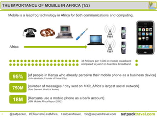 THE IMPORTANCE OF MOBILE IN AFRICA (1/2)

    Mobile is a leapfrog technology in Africa for both communications and computing.




    Africa



                                                            38 Africans per 1,000 on mobile broadband
                                                            compared to just 2 on fixed line broadband



                [of people in Kenya who already perceive their mobile phone as a business device]
      95%       (John Waibochi, Founder of Virtual City).


                [number of messages / day sent on MXit, Africa‟s largest social network]
      750M      (Paul Stement, World of Avatar)



                [Kenyans use a mobile phone as a bank account]
      18M       (IBM Mobile Africa Report 2012)




4   @satpacker, #ETourismEastAfrica, +satpacktravel, rob@satpacktravel.com                   satpacktravel.com
 