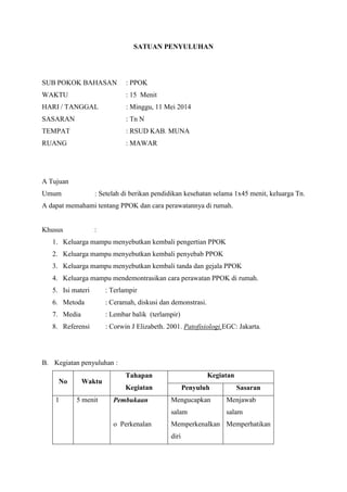 SATUAN PENYULUHAN
SUB POKOK BAHASAN : PPOK
WAKTU : 15 Menit
HARI / TANGGAL : Minggu, 11 Mei 2014
SASARAN : Tn N
TEMPAT : RSUD KAB. MUNA
RUANG : MAWAR
A Tujuan
Umum : Setelah di berikan pendidikan kesehatan selama 1x45 menit, keluarga Tn.
A dapat memahami tentang PPOK dan cara perawatannya di rumah.
Khusus :
1. Keluarga mampu menyebutkan kembali pengertian PPOK
2. Keluarga mampu menyebutkan kembali penyebab PPOK
3. Keluarga mampu menyebutkan kembali tanda dan gejala PPOK
4. Keluarga mampu mendemontrasikan cara perawatan PPOK di rumah.
5. Isi materi : Terlampir
6. Metoda : Ceramah, diskusi dan demonstrasi.
7. Media : Lembar balik (terlampir)
8. Referensi : Corwin J Elizabeth. 2001. Patofisiologi.EGC: Jakarta.
B. Kegiatan penyuluhan :
No Waktu
Tahapan
Kegiatan
Kegiatan
Penyuluh Sasaran
1 5 menit Pembukaan
o Perkenalan
Mengucapkan
salam
Memperkenalkan
diri
Menjawab
salam
Memperhatikan
 