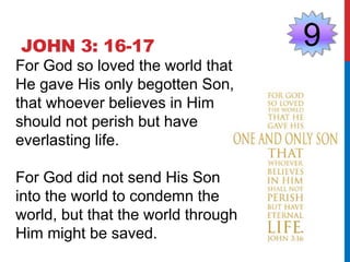 JOHN 3: 16-17 9 
For God so loved the world that 
He gave His only begotten Son, 
that whoever believes in Him 
should not perish but have 
everlasting life. 
For God did not send His Son 
into the world to condemn the 
world, but that the world through 
Him might be saved. 
 