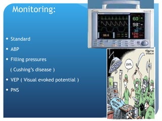 Monitoring: Standard ABP Filling pressures  ( Cushing’s disease ) VEP ( Visual evoked potential ) PNS 