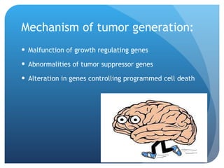 Mechanism of tumor generation: Malfunction of growth regulating genes Abnormalities of tumor suppressor genes Alteration in genes controlling programmed cell death 