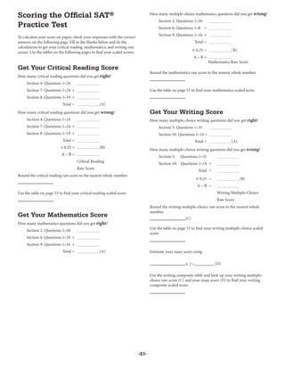 How many multiple-choice mathematics questions did you get wrong?
Scoring the Ofﬁcial SAT®
                                                                                       Section 2: Questions 1–20
Practice Test                                                                          Section 6: Questions 1–8 +
                                                                                       Section 9: Questions 1–16 +
To calculate your score on paper, check your responses with the correct
answers on the following page. Fill in the blanks below and do the                                            Total =
calculations to get your critical reading, mathematics, and writing raw
scores. Use the tables on the following pages to ﬁnd your scaled scores.
                                                                                                             × 0.25 =               (B)
                                                                                                              A–B=
                                                                                                                        Mathematics Raw Score
Get Your Critical Reading Score
                                                                                  Round the mathematics raw score to the nearest whole number.
How many critical reading questions did you get right?
     Section 4: Questions 1–24
     Section 7: Questions 1–24 +                                                  Use the table on page 53 to ﬁnd your mathematics scaled score.
     Section 8: Questions 1–19 +
                           Total =                (A)
How many critical reading questions did you get wrong?                            Get Your Writing Score
     Section 4: Questions 1–24                                                    How many multiple-choice writing questions did you get right?
     Section 7: Questions 1–24 +                                                       Section 5: Questions 1–35
     Section 8: Questions 1–19 +                                                       Section 10: Questions 1–14 +
                           Total =                                                                            Total =               (A)
                          × 0.25 =                (B)
                                                                                  How many multiple-choice writing questions did you get wrong?
                          A–B=
                                                                                       Section 5:   Questions 1–35
                                     Critical Reading
                                                                                       Section 10: Questions 1–14 +
                                     Raw Score
                                                                                                                Total =
Round the critical reading raw score to the nearest whole number.
                                                                                                              × 0.25 =                    (B)
                                                                                                               A–B =
Use the table on page 53 to ﬁnd your critical reading scaled score.                                                         Writing Multiple-Choice
                                                                                                                            Raw Score
                                                                                  Round the writing multiple-choice raw score to the nearest whole
                                                                                  number.
Get Your Mathematics Score                                                                             (C)
How many mathematics questions did you get right?
                                                                                  Use the table on page 53 to ﬁnd your writing multiple-choice scaled
     Section 2: Questions 1–20
                                                                                  score.
     Section 6: Questions 1–18 +
     Section 9: Questions 1–16 +
                           Total =                (A)                             Estimate your essay score using

                                                                                                       × 2 =_________ (D)

                                                                                  Use the writing composite table and look up your writing multiple-
                                                                                  choice raw score (C) and your essay score (D) to ﬁnd your writing
                                                                                  composite scaled score.




                                                                           -51-
 